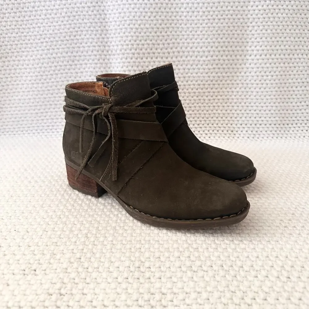 Born Dark Green Olive Suede Montilla Ankle Faux Wrap Inner Zipper Boots 6.5